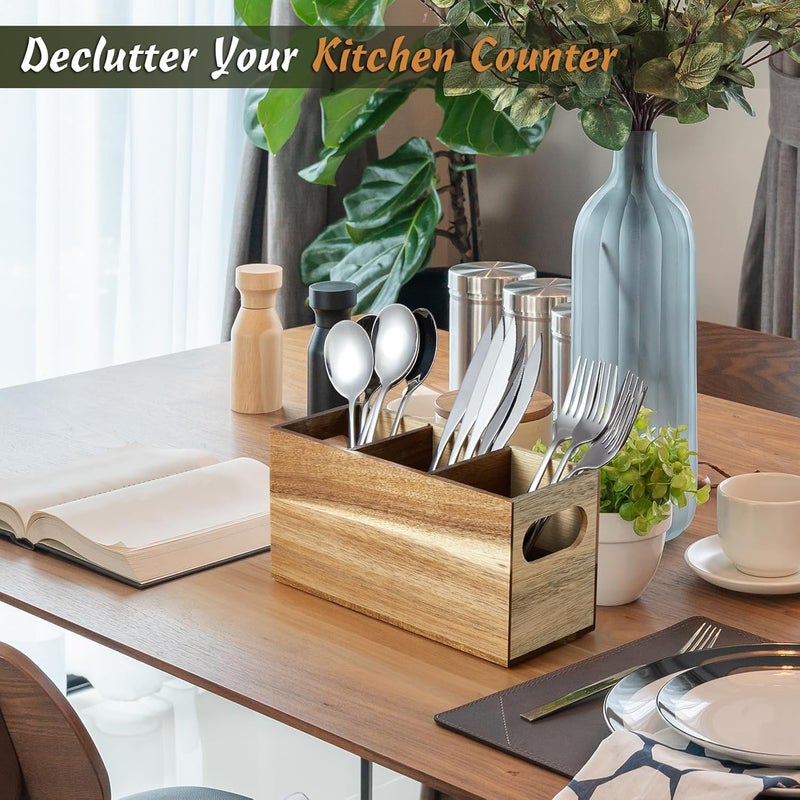 DRASTAR Silverware Holder, Acacia Wooden Utensil Caddy, Silverware Organizer Countertop, Cutlery Holder for Party, Fork Spoon Knife Organizer - Image 5